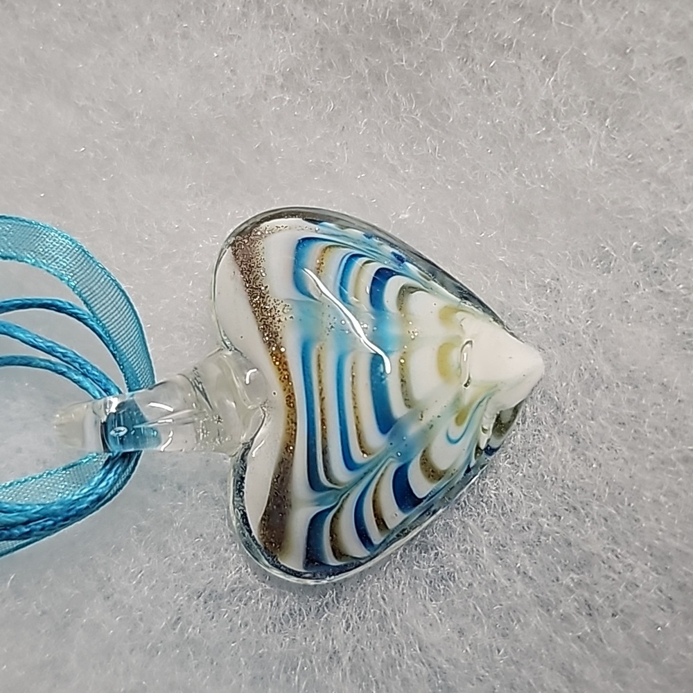 Artisan Hand Blown Glass Heart Gold, Aqua Blue, Design New Necklace Pendent